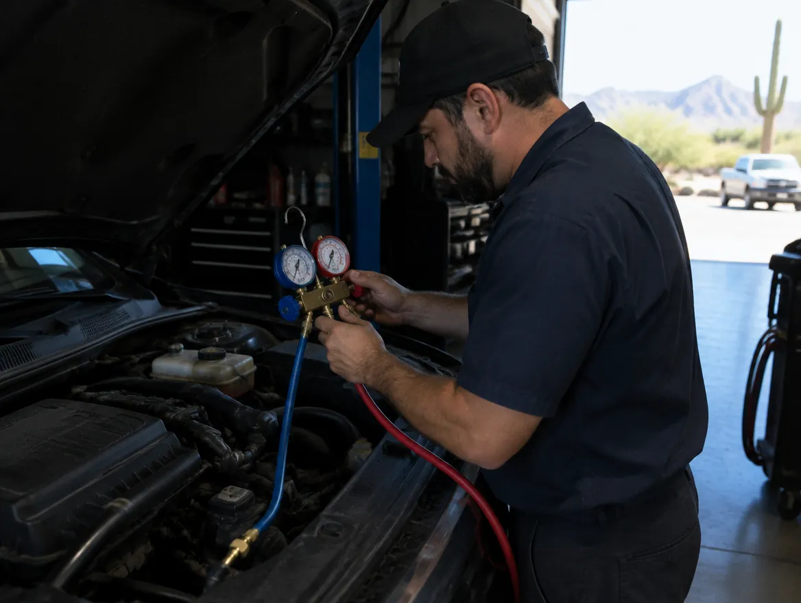 A technician connecting A/C gauges in an engine bay
