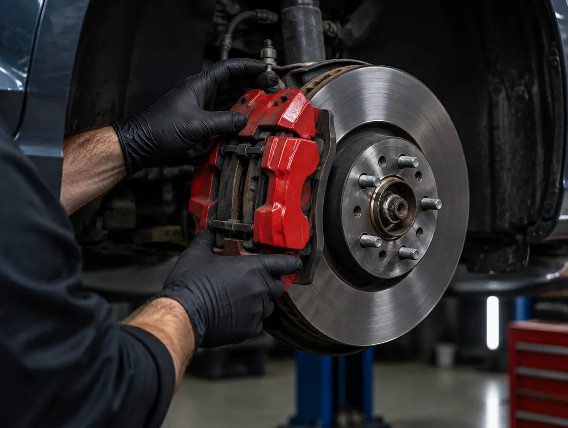 A technician fitting a brake caliper over a rotor