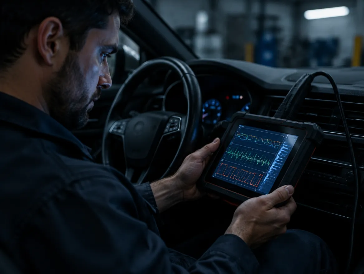 A technician reading live engine data on a diagnostic scan tool