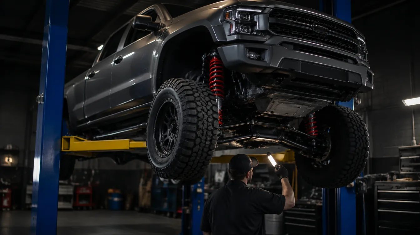 A lifted diesel pickup on a two-post lift during a suspension install