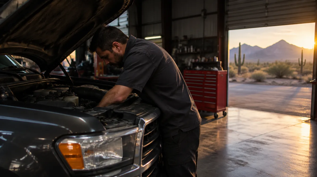 A technician working under the hood of a pickup in the shop
