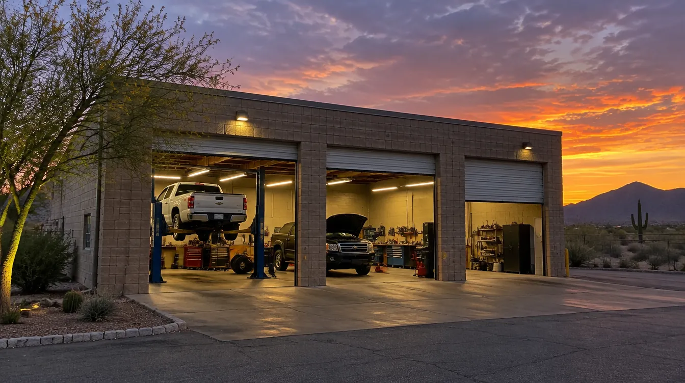 The Arizona Auto Repair shop at dusk with its bay doors open
